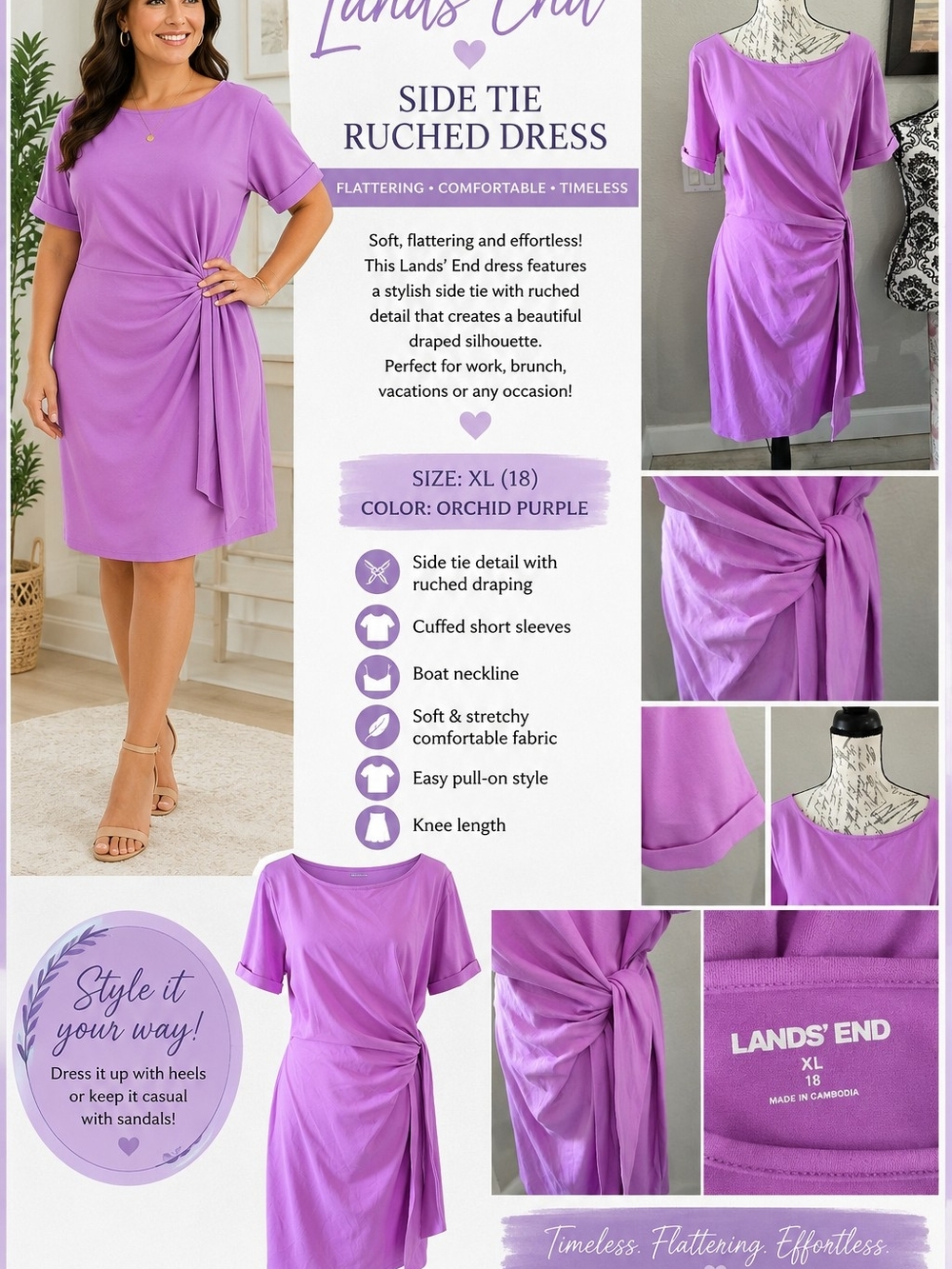 Lands’ End Purple Side Tie Ruched Dress XL 18 Short Sleeve